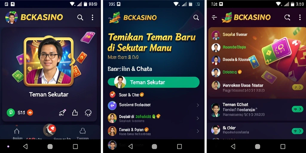 Screenshot antarmuka BCKASINO menampilkan fitur Teman Sekitar dengan jelas.