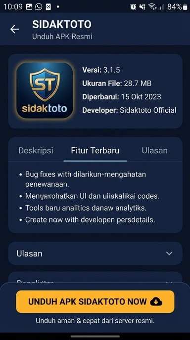 Tampilan halaman APK sidaktoto